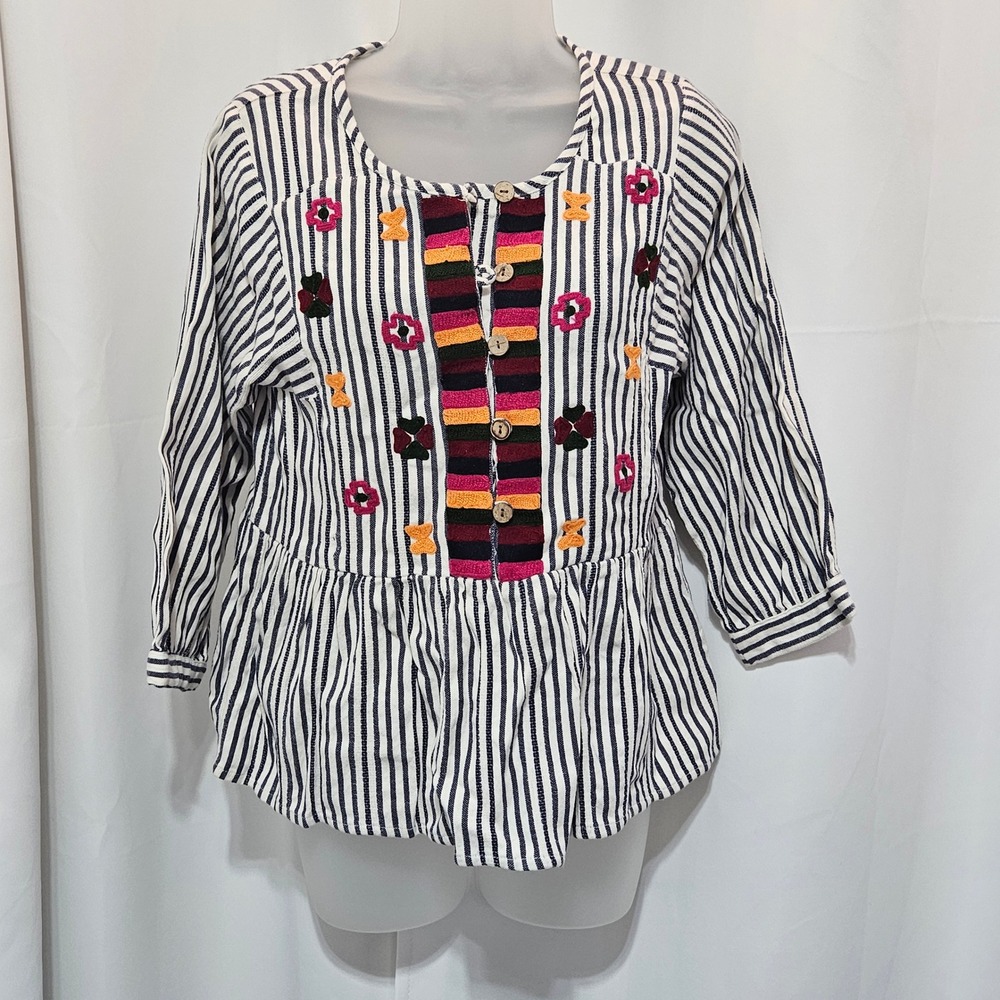 America & Beyond Women Blue Striped Embroidered Cotton Peplum Top Small boho